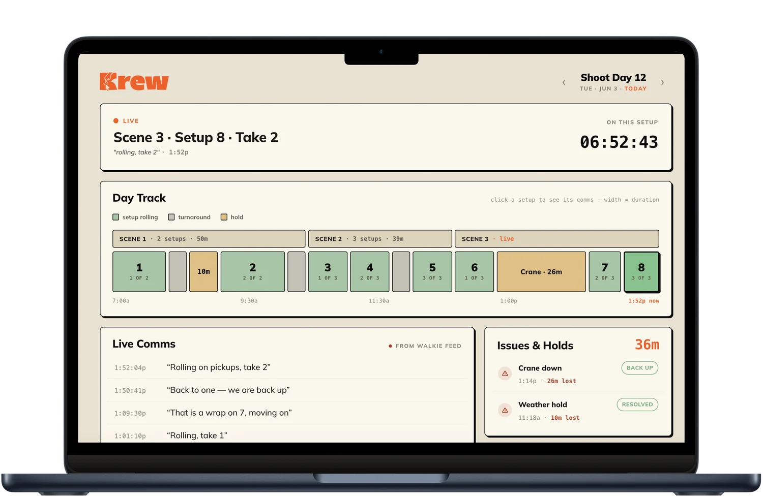 Krew product dashboard — live shoot-day tracking